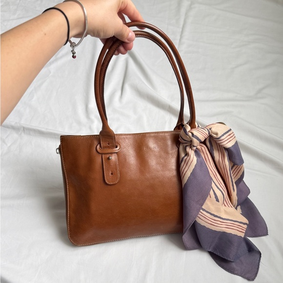 Super cute Brown Genuine Leather Tote Bag with scarf accent - Picture 2 of 13